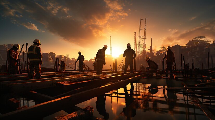 Construction workers on a steel framework at sunset